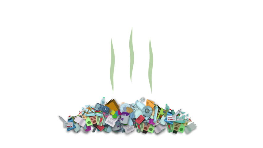 Animated heap of mixed garbage including bottles, cans, paper and tech trash with green smell lines rising up. Symbol of pollution, decay or dirty environment.