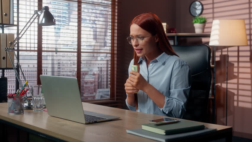 Caucasian worried hoping anxiety business woman businesswoman female girl worker in office looking laptop upset failure cryptocurrency bitcoin trader financial market lost upset money fail sad betting