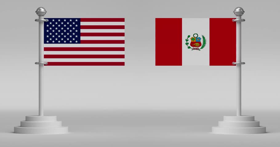 Animated flags of the United States and Peru waving on a white background. Ideal for political, diplomatic, and international relations content.