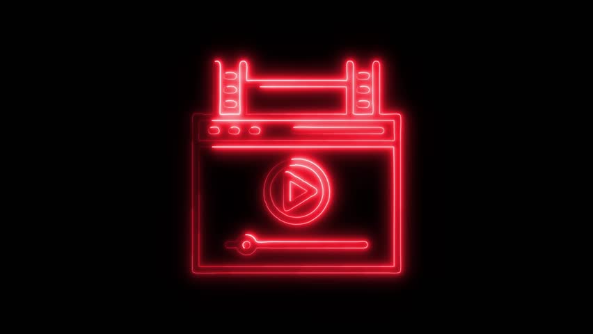 Glowing neon Video Production icon isolated on black background. HD Video motion graphic animation