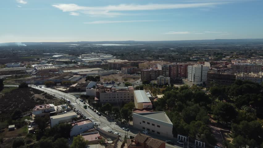 Aerial reveal of the "Parc Nou" park in Crevillente, Spain