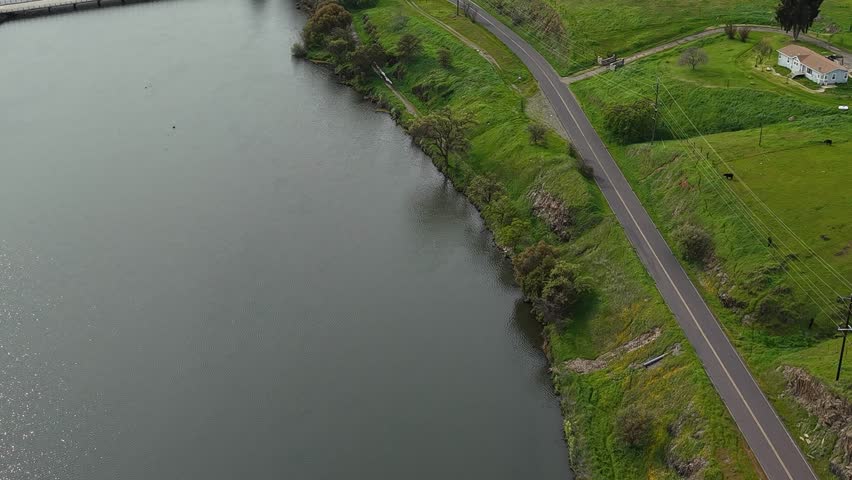 A bird's eye aerial view of Lake McClure Road near Merced Falls.