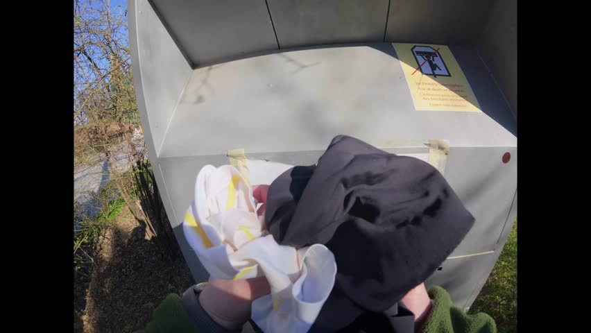 POV shot of hands placing second-hand clothes into a donation box on a German street. Giving back to the community, reducing waste, and helping those in need through charity and recycling