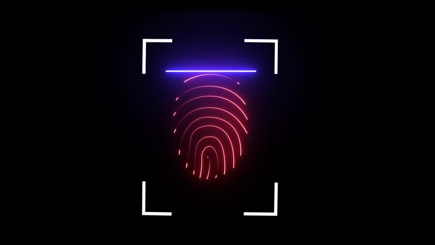 Neon Scanner analyzes fingerprint, Neon access granted, Security Scanning Animation on black background. Fingerprint Scanner access granted concept