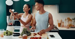 Smoothie, help and blender with couple in kitchen for nutrition, bonding and fitness diet. Detox, health and recipe with man and woman with fruit at home for drink, weight loss and breakfast - Powered by Shutterstock - Get 15% off with code: PIKWIZARD15