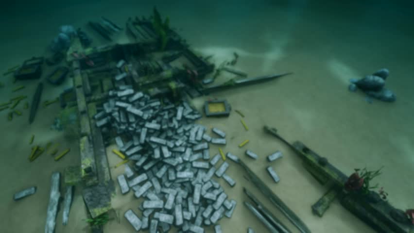 3D animation showing a scuba diver exploring a wooden shipwreck filled with silver and gold bars