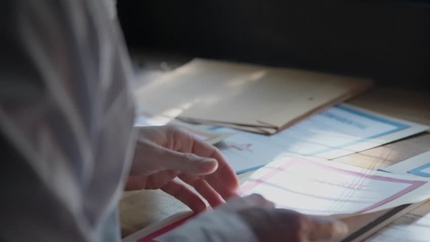 Man searches through classified files in a dark office, lit by dim light. The tense atmosphere suggests espionage, secrecy, and covert investigation, captured in an over-the-shoulder view."