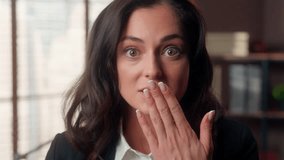 Close up face shocked Caucasian woman open mouth surprise female girl businesswoman amazing wonder wow emotions stunned astonish unexpected news manager business office indoor worker employee amazed - Powered by Shutterstock - Get 15% off with code: PIKWIZARD15