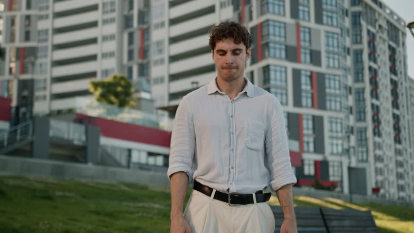 Sad Caucasian man problem crisis job loss feel pain despair male guy businessman city frustrated depressed headache stress worried upset employer student work bankruptcy health tired outdoors business