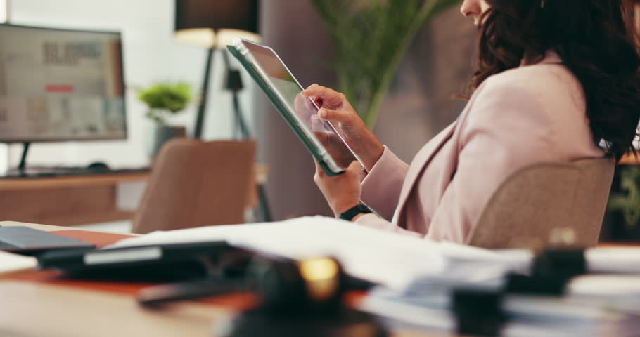 Hands, tablet and remote work with woman in home office for virtual assistant, documents and networking. Feedback, administration and scroll on technology with person for information and research