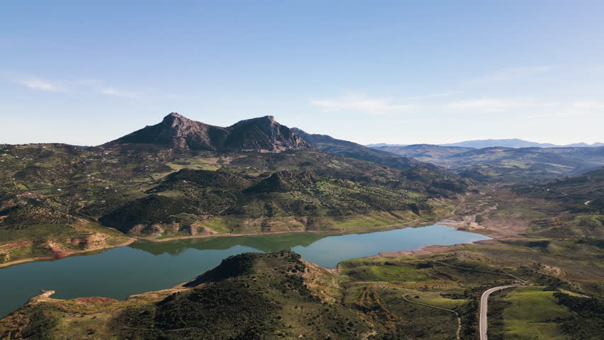 Beautiful lake and mountains of Spain, aerial view