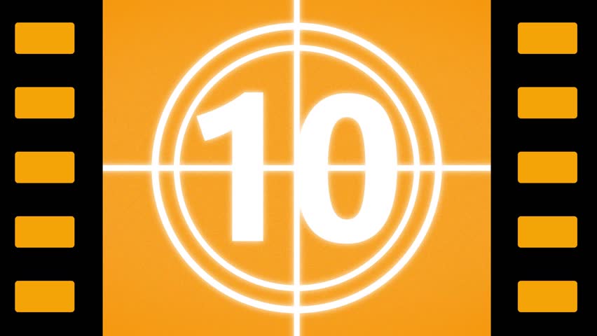 Sepia Universal Countdown Leader with film perforations, perfs or sprocket holes. Countdown Clock from 10 to 0. Effect of old film rolling with details, scratches, markers, grain. 4K Film Burn Effect.