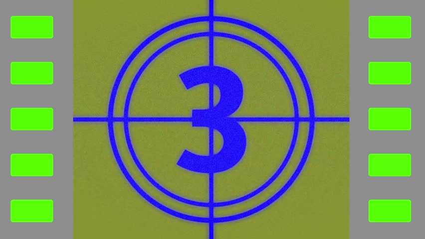 Sepia Universal Countdown Leader with film perforations, perfs or sprocket holes. Countdown Clock from 3 to 0. Effect of old film rolling with details, scratches, markers, grain. 4K Film Burn Effect.