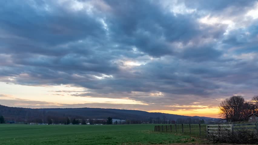 A time-lapse of clouds over the fields during a sunrise in Lancaster County, Pennsylvania.