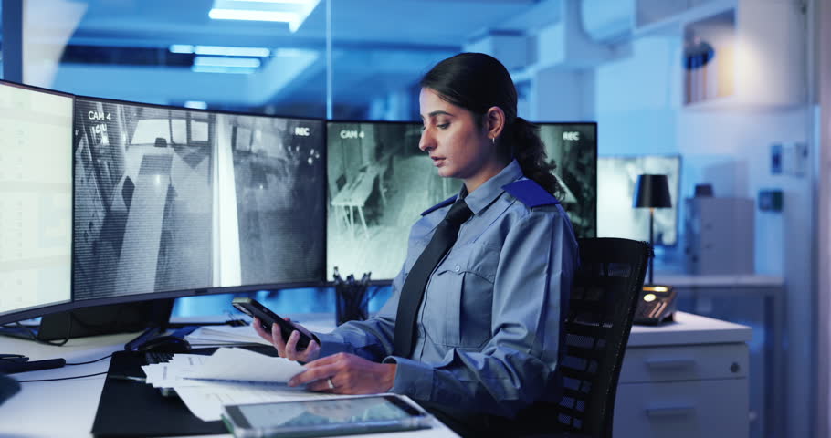 Phone call, security guard or woman with paper, display or cctv screen in night shift for safety or video surveillance. Camera, footage or person with communication in control room for protection