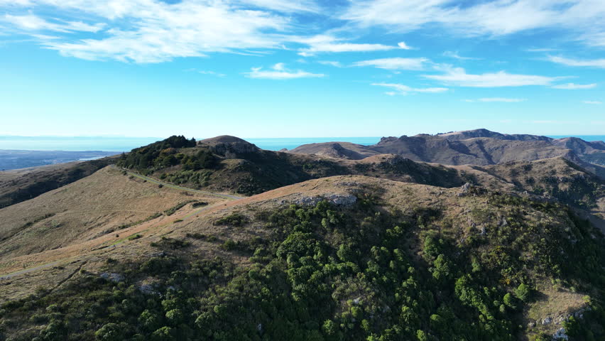 Aerial view of the Port Hills landscape near Christchurch, New Zealand, showcasing rugged hilltops, forested areas, and a clear sky.