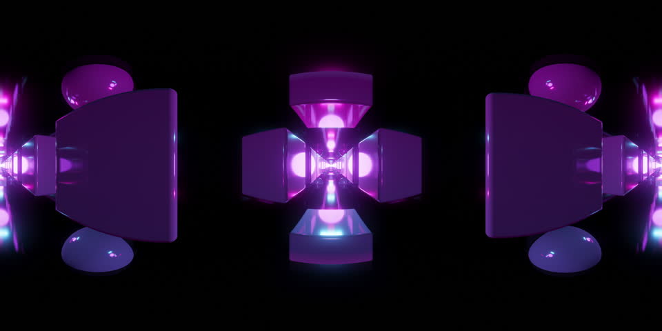 360-Degree View VR Endless Tunnel with Geometric Objects and Illuminated by Blue and Purple Neon Lights in 3d Animation Stock Video