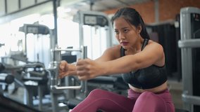 Dedicated asian woman performing seated cable rows with intense focus, targeting back muscles and demonstrating strength training commitment in contemporary fitness facility - Powered by Shutterstock - Get 15% off with code: PIKWIZARD15
