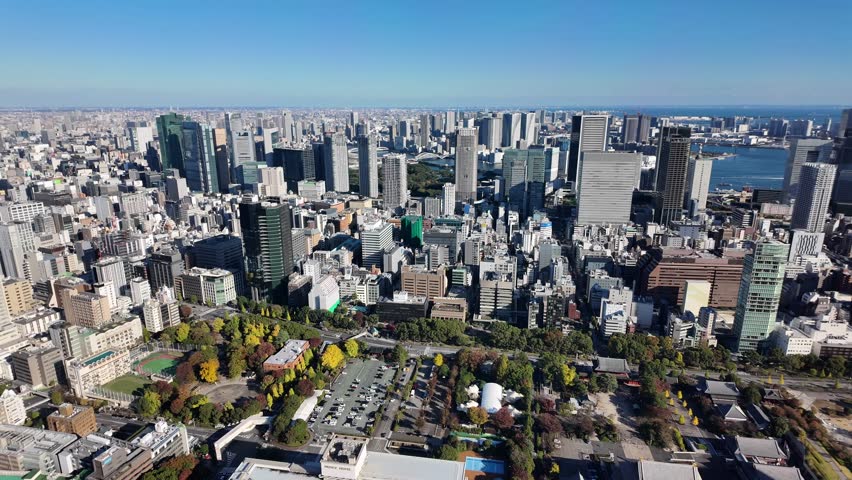 Panoramic aerial view of Tokyo's Minato Ward, featuring tall skyscrapers and surrounding greenery.