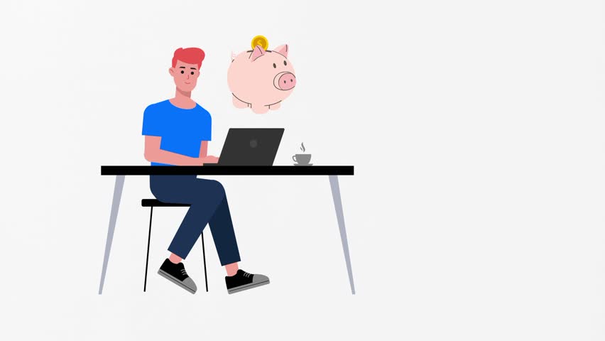 Male work making US dollar money savings piggy bank online on internet using computer, laptop, AI technology on desk. Vector animation, motion graphic video footage. Isolated white background - Powered by Shutterstock - Get 15% off with code: PIKWIZARD15