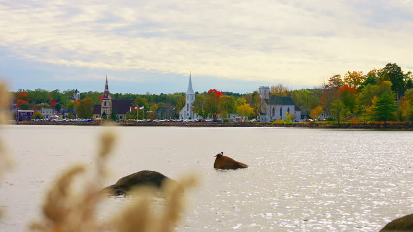 Static shot of the picturesque landscape of a local town in Nova Scotia, Canada. View of Lake and the local Churches in the background.