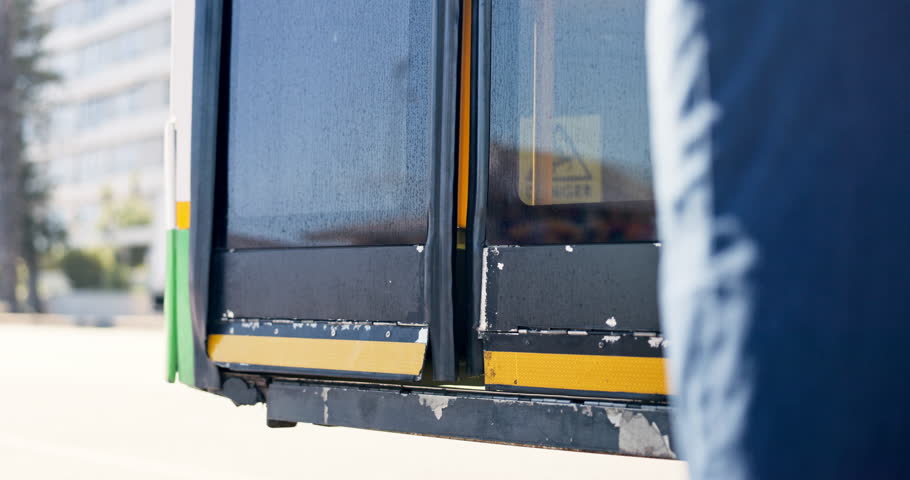 Legs, people and enter bus in city for public transport, morning commute and location of urban stop. Feet, passengers or vehicle arrival for travel, boarding terminal and sidewalk for journey to work