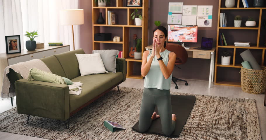 Yoga, breathing and woman stretching in living room for body health, namaste or online class on tablet. Warm up shoulders, flexible and person exercise, meditation or fitness tutorial in home office