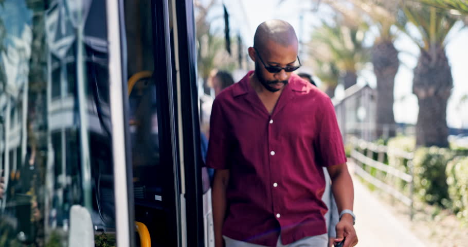Travel, boarding and group of people on bus for public transportation, metro transit and journey. Passenger, crowd and urban shuttle with commuters in city for destination, vehicle entry and location