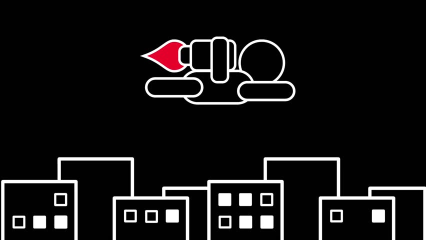 A rocket zooms past silhouetted buildings,  portraying ambition,  science,  and surreal fusion between space travel and urban life