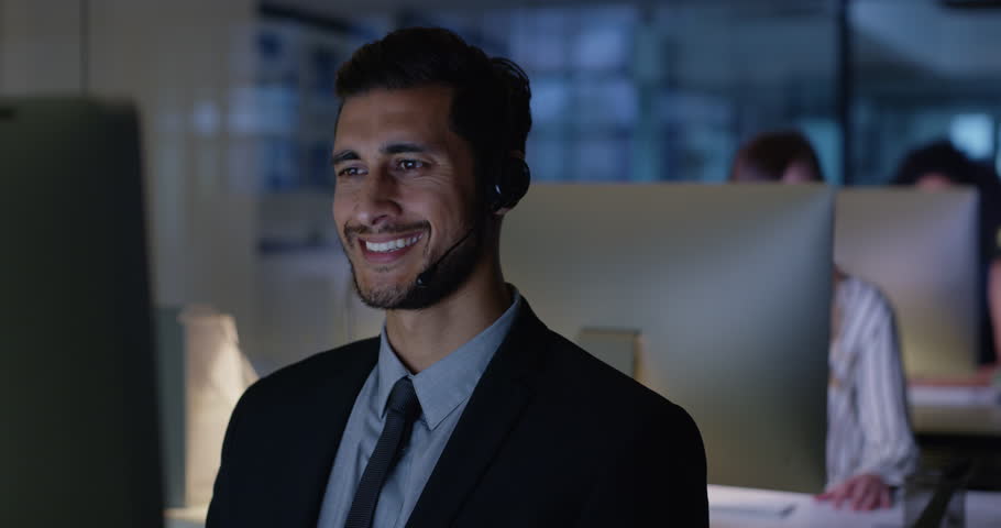 Consultant people, night call center and computer for customer service, contact us and e commerce support in office. Website advisor or team speaking in office workspace, business and online solution