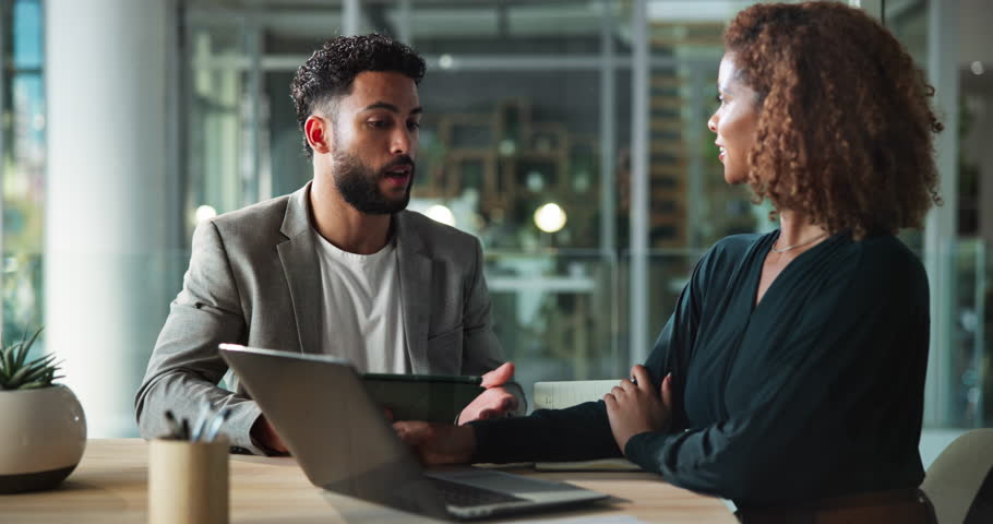 Business people, laptop and handshake for onboarding, training and mentorship with project planning. Manager, employee and discussion for proposal feedback, creative agency or brand consultant review
