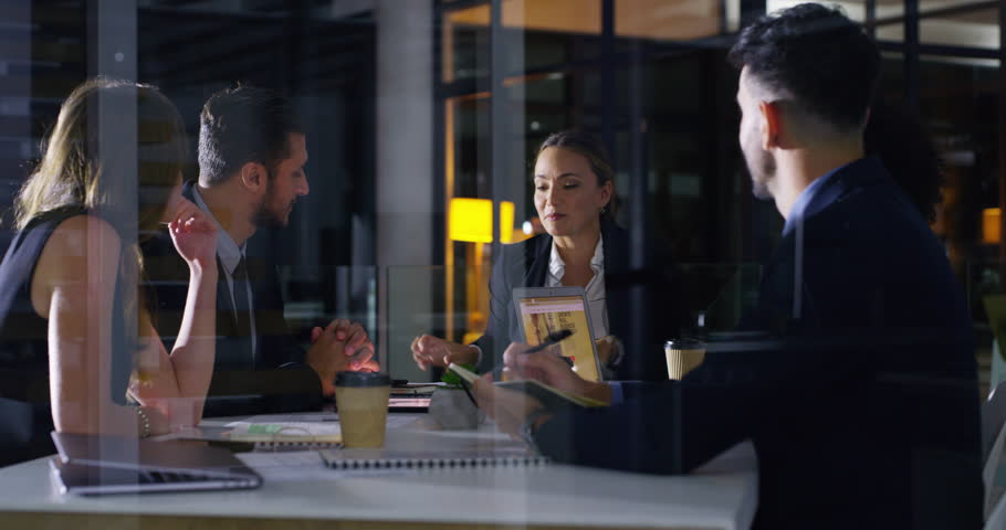 Business people, night meeting and paperwork planning, teamwork and legal proposal in office window. Professional women, men or lawyer team talking, collaboration and documents for law firm strategy
