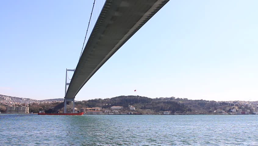 Bottom view of steel suspended bridge. Bosporus Bridge in Istanbul, Turkey
