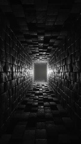 A dark tunnel with light coming out of it. Vertical looped animation.