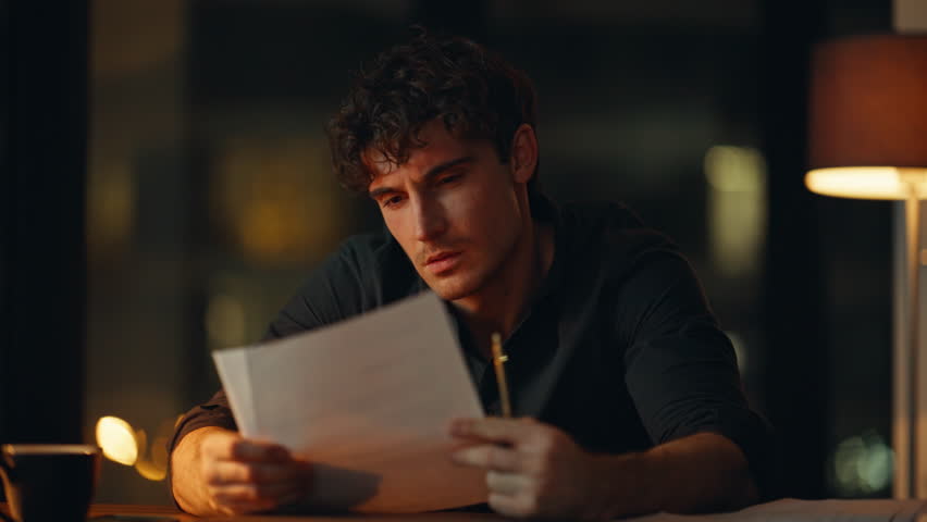 Fatigued manager feeling burnout reading documents at night corporate office closeup. Tired employee rubbing eyes reviewing papers overtime. Exhausted man ceo overloaded with paperwork late evening.