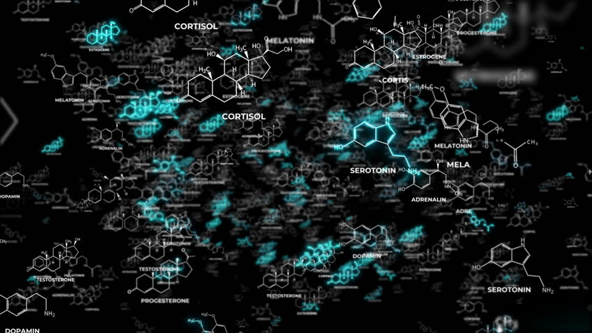 Abstract futuristic 3D animation of hormone molecule structures flying in 3D space with glowing chemical structures, depth of field effect, concept of human biology, eurochemistry and hormone balance