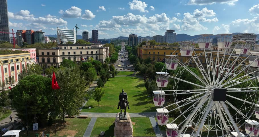 Ferris Wheel Tirana And Parku Europa In Skanderbeg Square, Tirana, Albania. Aerial Drone Shot