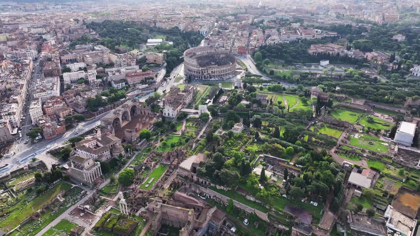 Archaeological Park At Rome In Lazio Italy. Archaeological Excavation. Downtown District. Archaeological Park At Rome In Lazio Italy. Coliseum Scenery. Roman Forum Heritage. Rome Skyline.