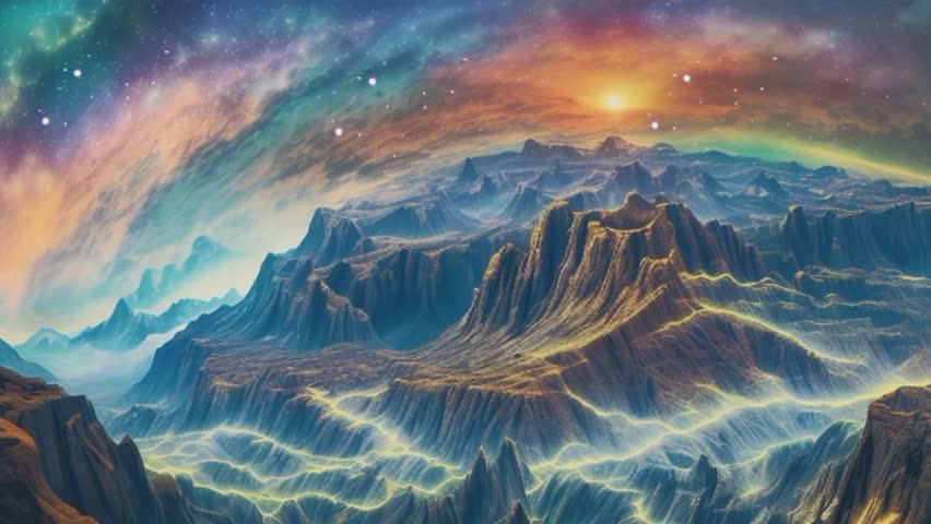 dramatic and fantastic mountain landscapes under colorful and sparkling skies.