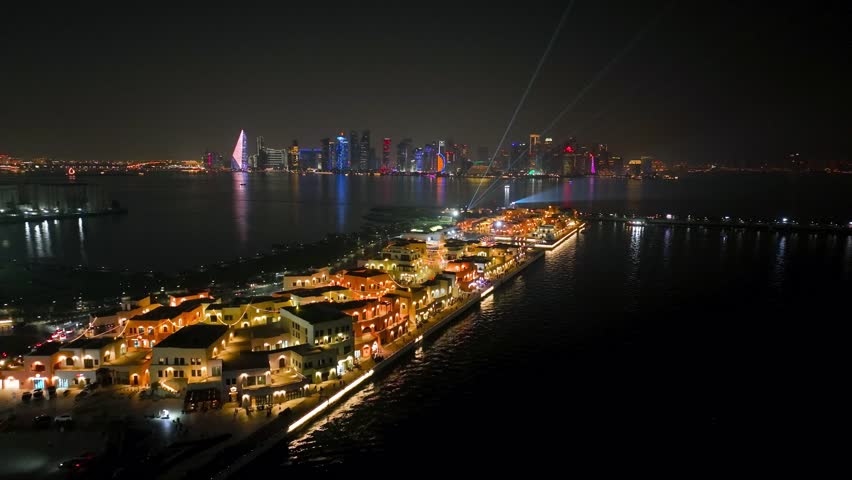 night shot old port Doha by drone showing the beautiful skyline 