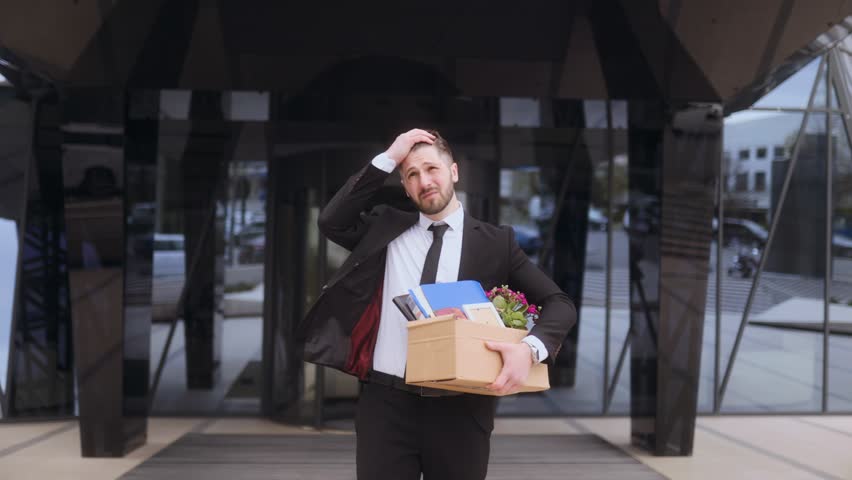 A visibly sad man reacts to job loss outside a corporate building, holding his head and a box of belongings, embodying emotional exhaustion and unemployment.