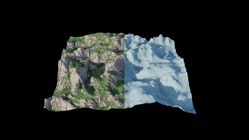 Real terrain converted cyberspace. Software analyze images pixel by pixel, using algorithms to detect edges, shapes, and color. Seamless loop. 3D rendering. Black background.