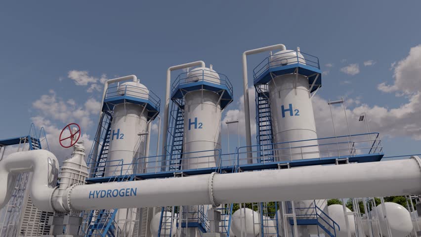 Blue hydrogen production. Extraction of hydrogen from natural gas during petroleum production. Time lapse. 3D rendering