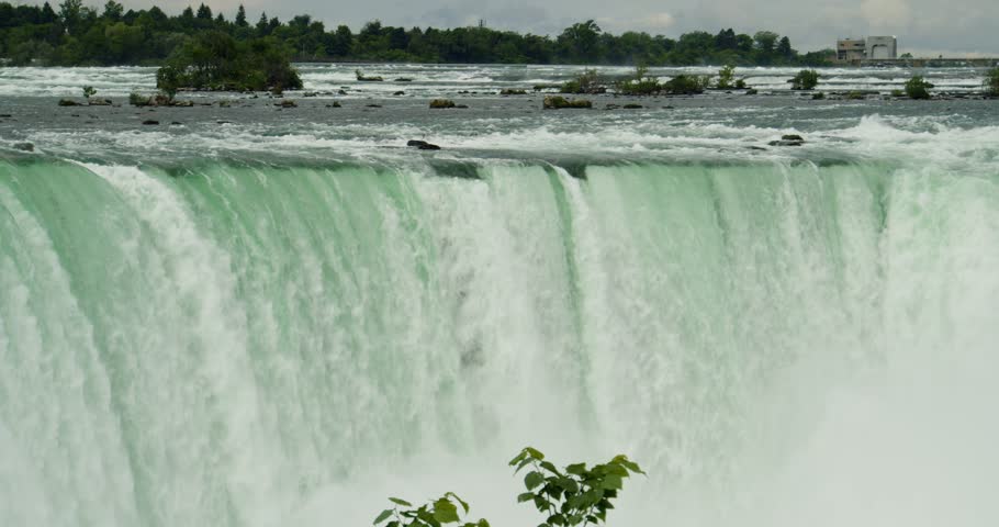 A Cinematic Bottom to Top View of Niagara Falls, Capturing the Beauty of the Falls on a Clear Sunny Day. The Powerful Flow of Water Creates an Iconic Scene of Nature Majesty. 