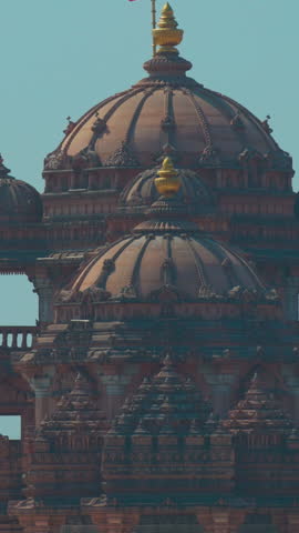 Close-up View On Towers Of Swaminarayan Akshardham Complex In Delhi, India. Akshardham Is Hindu Temple, Spiritual-cultural Campus. Entered Guinness Book Of Records As Largest Hindu Temple In World.
