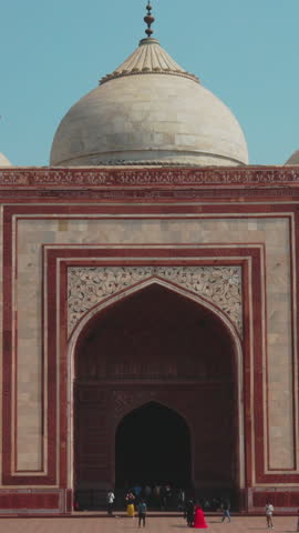 Agra, Uttar Pradesh, India. People visiting Mehmaan khana in Taj mahal. Famous indian islamic heritage at sunny day. Popular Place.