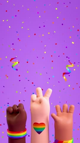 Happy Pride looping video for social media with three diverse raised hands and festive stuff on a purple background symbolizing LGBTQIA+ Pride month and love diversity celebration in 3D animation