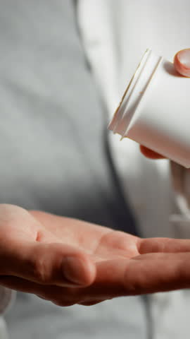 Female hands carefully pour out colored capsules into an open palm, preparing for medication administration. This action takes place indoors, emphasizing attention to health