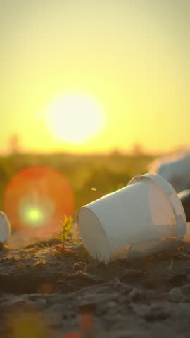 A man is picking up scattered trash in a natural setting during sunset. His actions highlight the significance of maintaining a clean environment for future generations