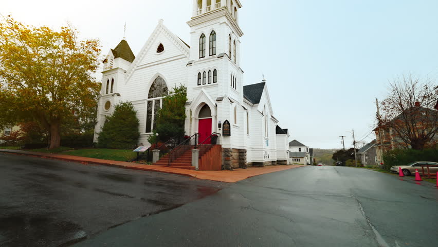 Panoramic view of a local church in Lunenburg, Nova Scotia, Canada.
